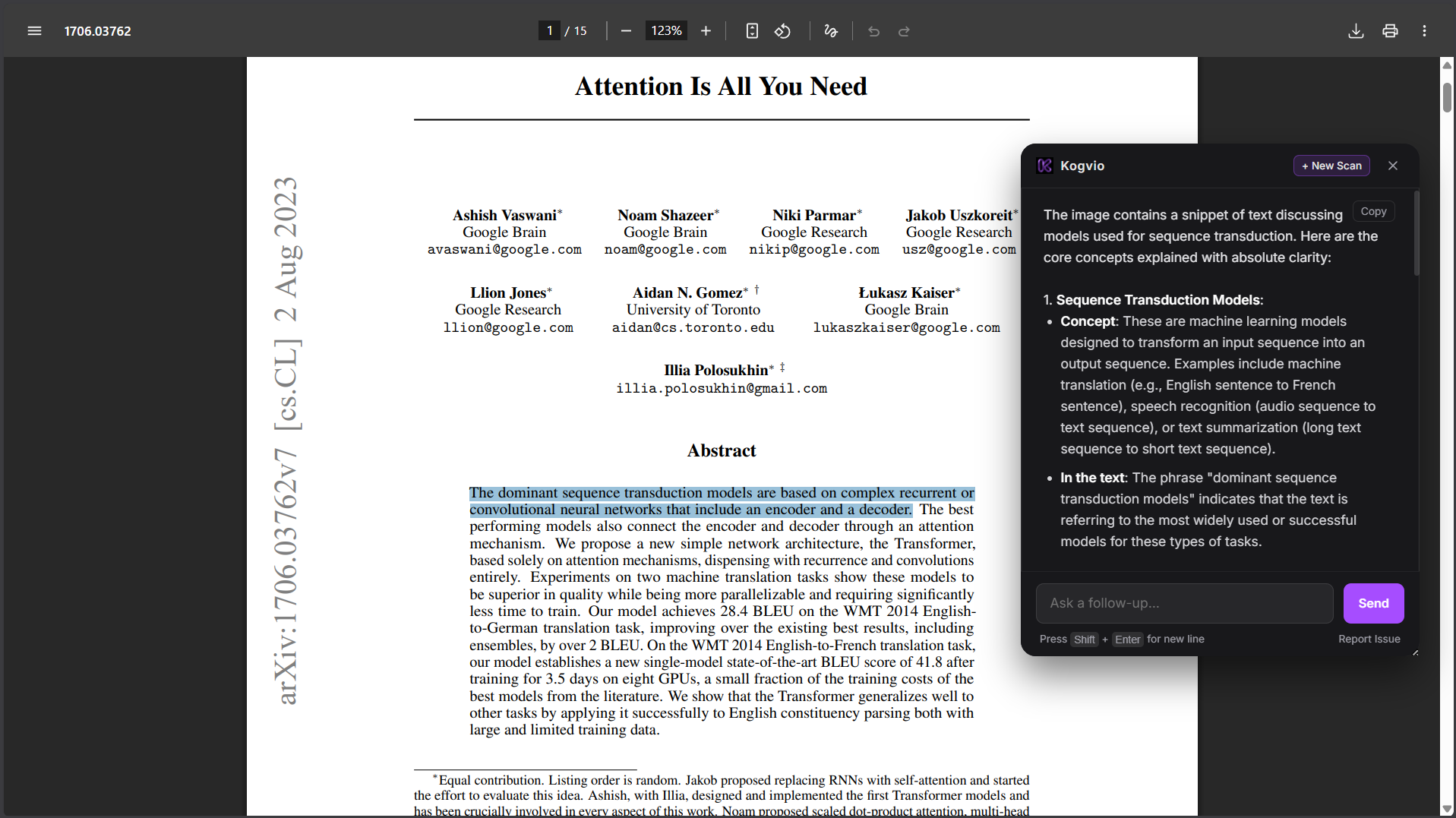 Clean PDF research paper with the Kogvio popup explaining text without switching tabs